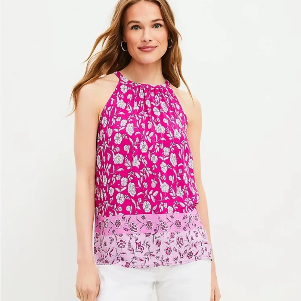 LOFT NWT Floral Shirred Halter Top, LARGE - Picture 1 of 6